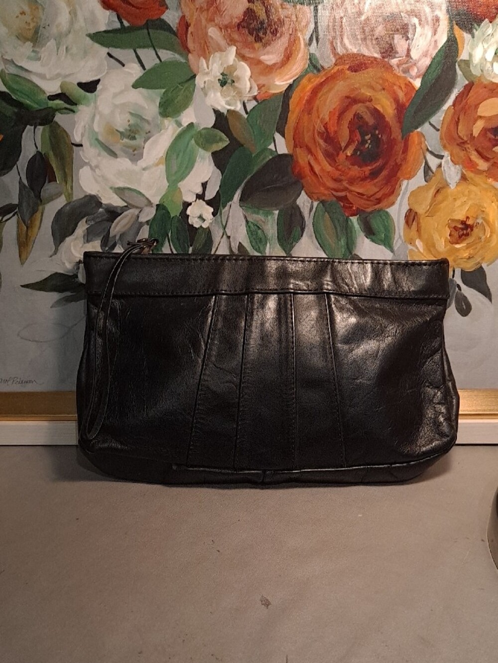 Excel Vintage Mid-century Modern 70s Black Leather Pleated Wristlet Clutch